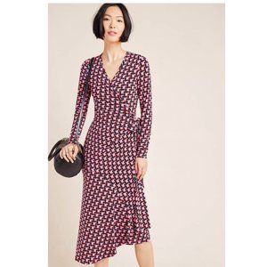 ANTHROPOLOGIE YUMI KIM RED PINK BLACK SABINE JERSEY ASYMMETRICAL WRAP DRESS